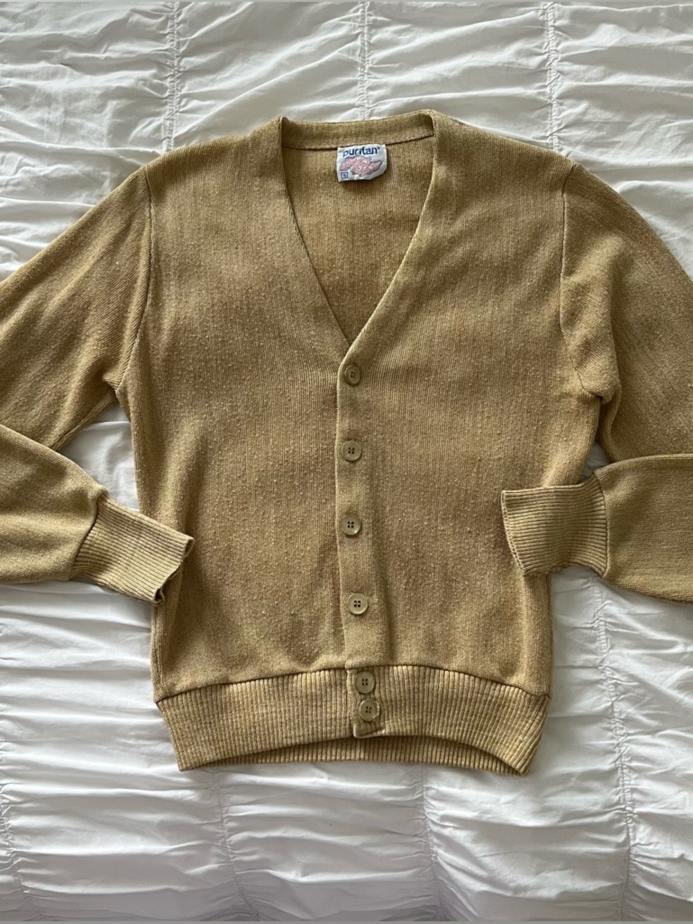 Vintage Button-Up V-Neck Cardigan in Mustard Tan